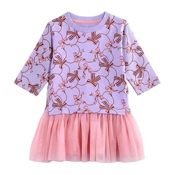 Mothercare Girls Heart and Bow Printed Full Sleeves Dress - Lavendar