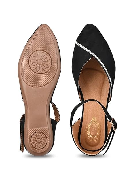 Women’s Elegant Black Pointed Toe Flats with Ankle Strap