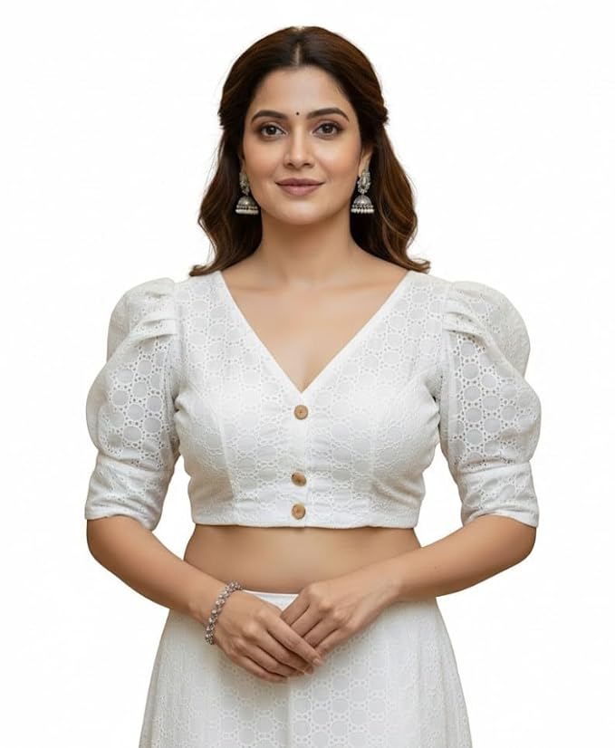 Women's Trending Pure Cotton Hakoba Blouse With V Nack & Puff Sleeve