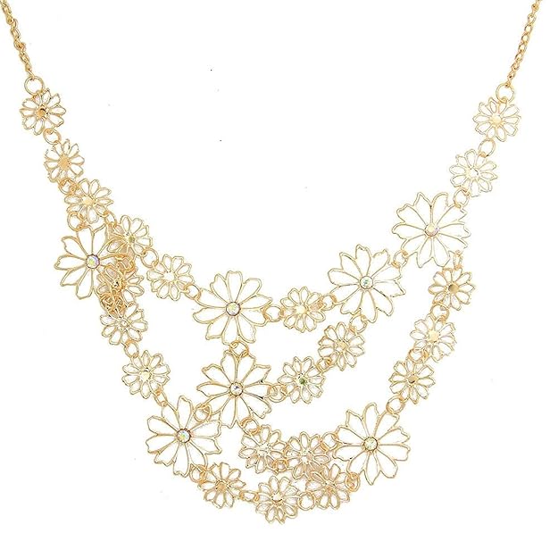 Multilayer Multi Strand Gold Plated Flower with Austria Rhinestone Bib Necklace for Woman and Girls